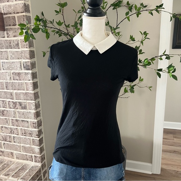 Ann Taylor Black White Collar Top Small Peter Pan - Picture 1 of 8